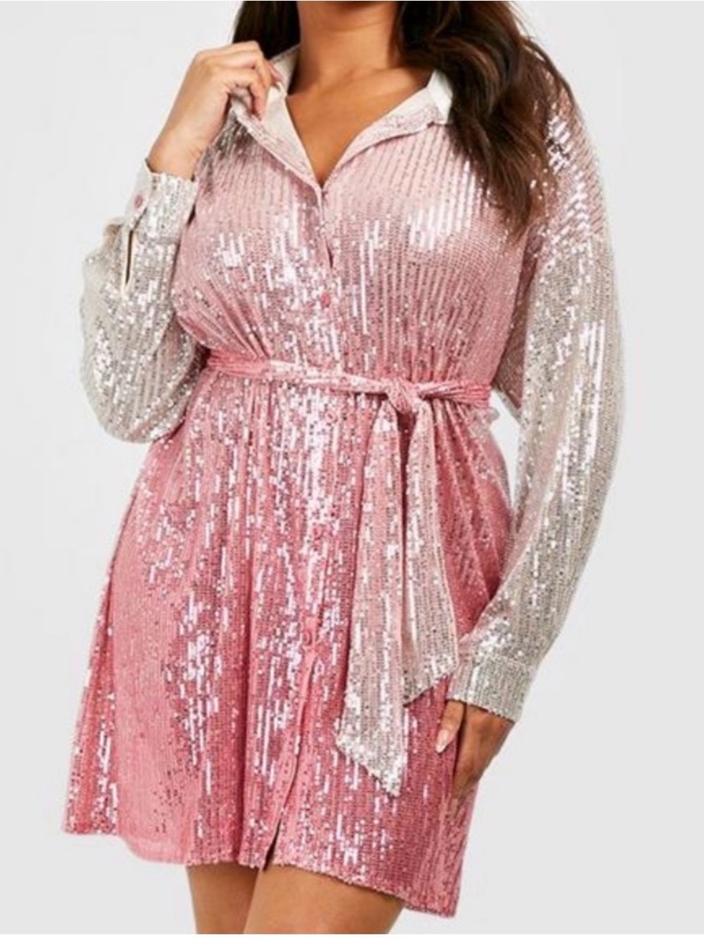 Boohoo Plus Pink and Silver Sequin Shirt Dress